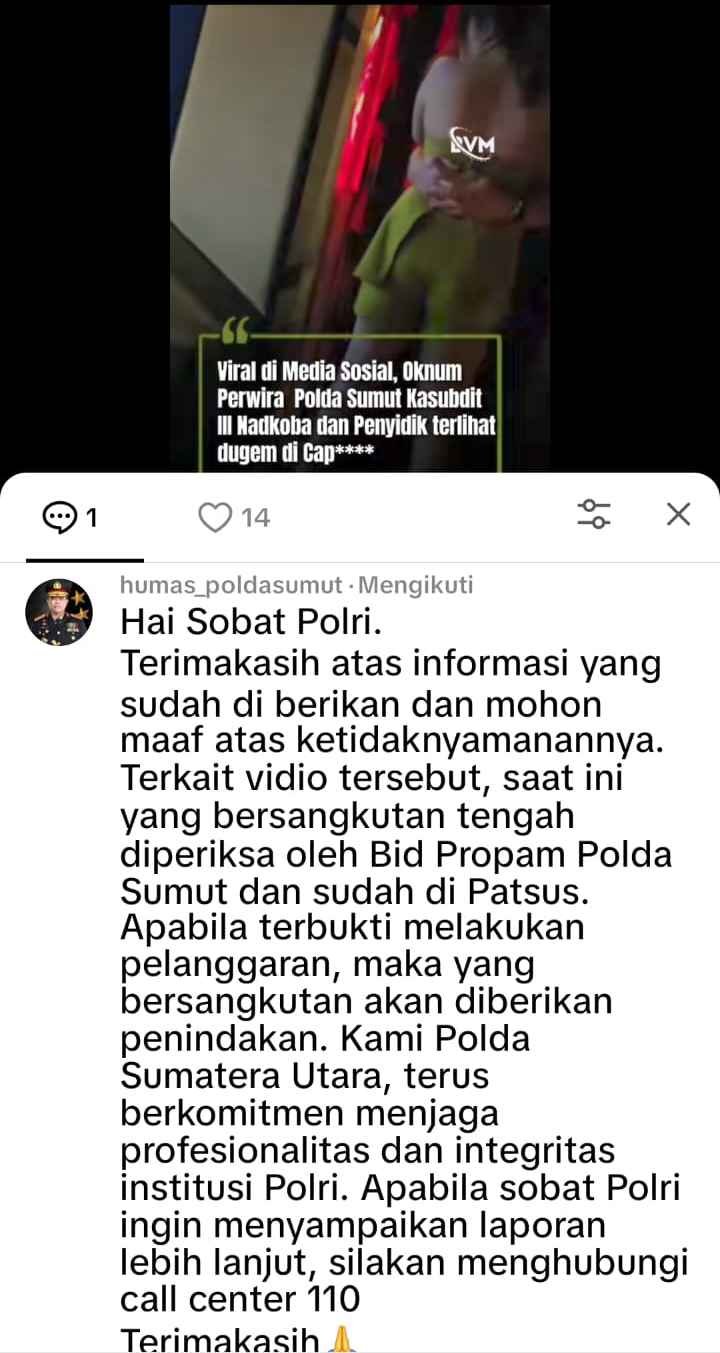 Screenshot tanggapan akun Humas Polda Sumut di media sosial.