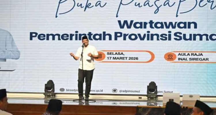 Gubernur Sumatera Utara (Sumut) Muhammad Bobby Nasution didampingi Wakil Gubernur Sumut Surya buka puasa bersama pada wartawan yang bertugas di lingkungan Pemerintah Provinsi Sumut, di Aula Raja Inal Siregar Kantor Gubernur Sumut Jalan Diponegoro Nomor 30 Medan, Selasa (17/3/2026).