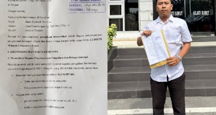 Haris MH aktivis GUNTUR usai melaporkan kasus dugaan korupsi di LLDIKTI Wilayah 1 Sumut ke Kejatisu, Kamis (7/5/2026). 
