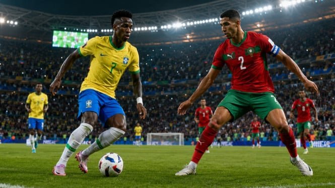 Pemain Brasil V Junior berusaha melewati pemain bertahan Maroko, A Hakimi saat laga penyisihan Grup C Piala Dunia 2026. Kedua tim.bermain imbang 1-1. Foto: google