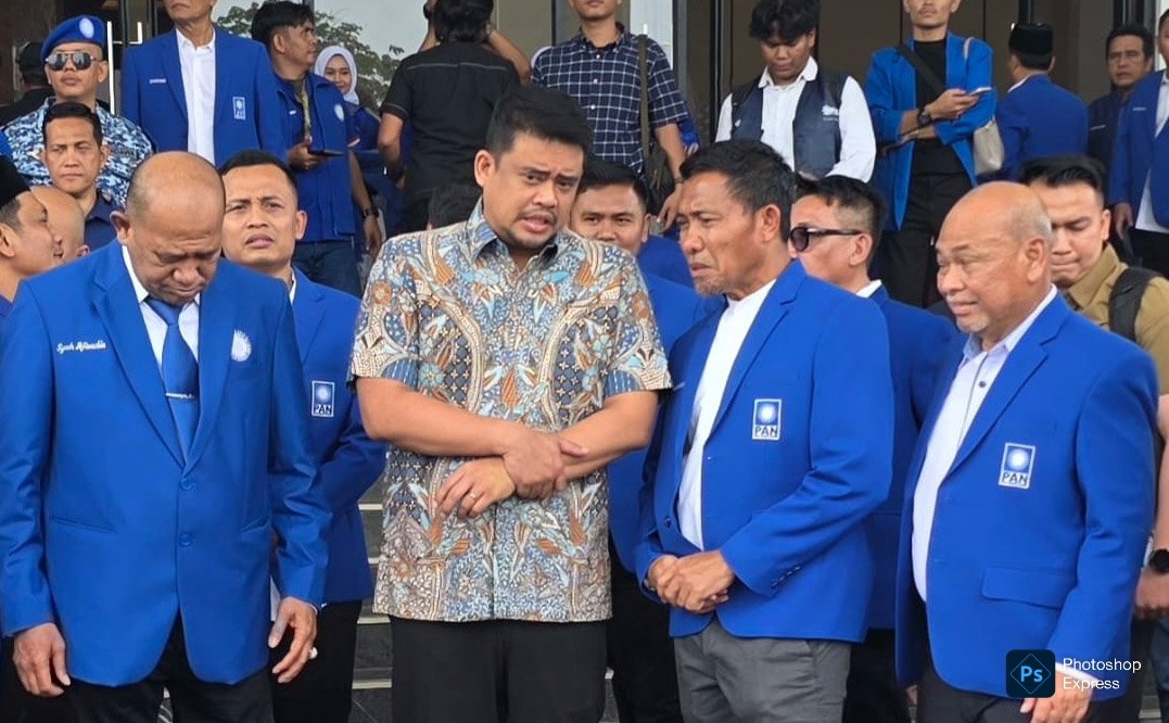 Bobby Nasution sentil PLN di sela pelantikan DPW dan DPD PAN se Sumut. (Kominfo Sumut Dok)