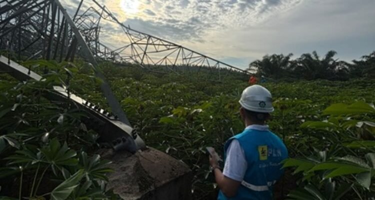 Personel PLN sedang memeriksa kondisi tower transmisi yang tumbang akibat cuaca ekstrem yang terjadi, Kamis (4/6/2026) pukul 20.03 WIB di Sumatera Utara.