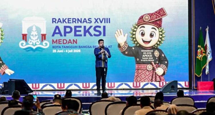 Gubernur Sumatera Utara (Sumut) Bobby Nasution di Pembukaan Rakernas APEKSI XVIII yang diselenggarakan di Grand City Hall, Kota Medan, Rabu (1/7/2026) malam.