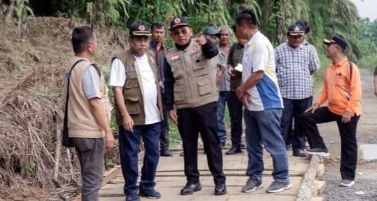 Bupati Simalungun Anton Achmad Saragih menijau akses yang terputus akibat longsor. Foto: IST