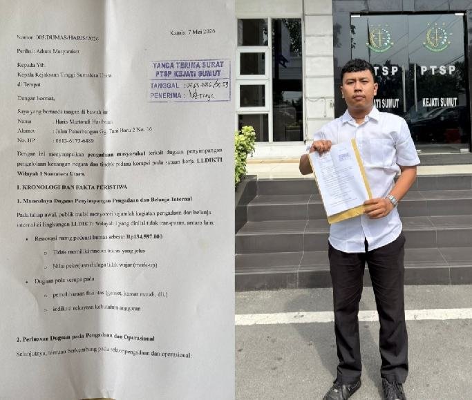 Haris MH aktivis GUNTUR usai melaporkan kasus dugaan korupsi di LLDIKTI Wilayah 1 Sumut ke Kejatisu, Kamis (7/5/2026). 