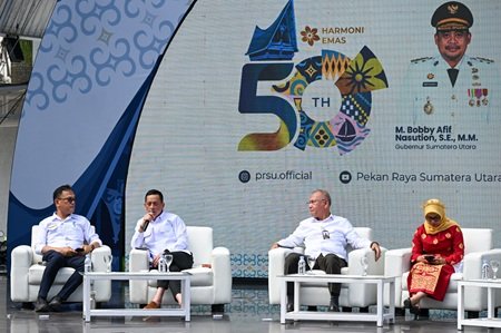 Temu Pers bersama panitia penyelenggara Pekan Raya Sumatera Utara (PRSU) ke-50 Tahun 2026 di Komplek PRSU (Panggung Keong Taman Budaya), Jalan Gatot Subroto Medan, Rabu (1/7/2026). Foto/Diskominfo Sumut